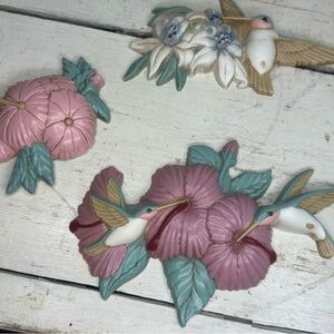 Vintage Burwood 1993 Hummingbird & Flower Wall Hangings Plaques Set Of 3 #3303